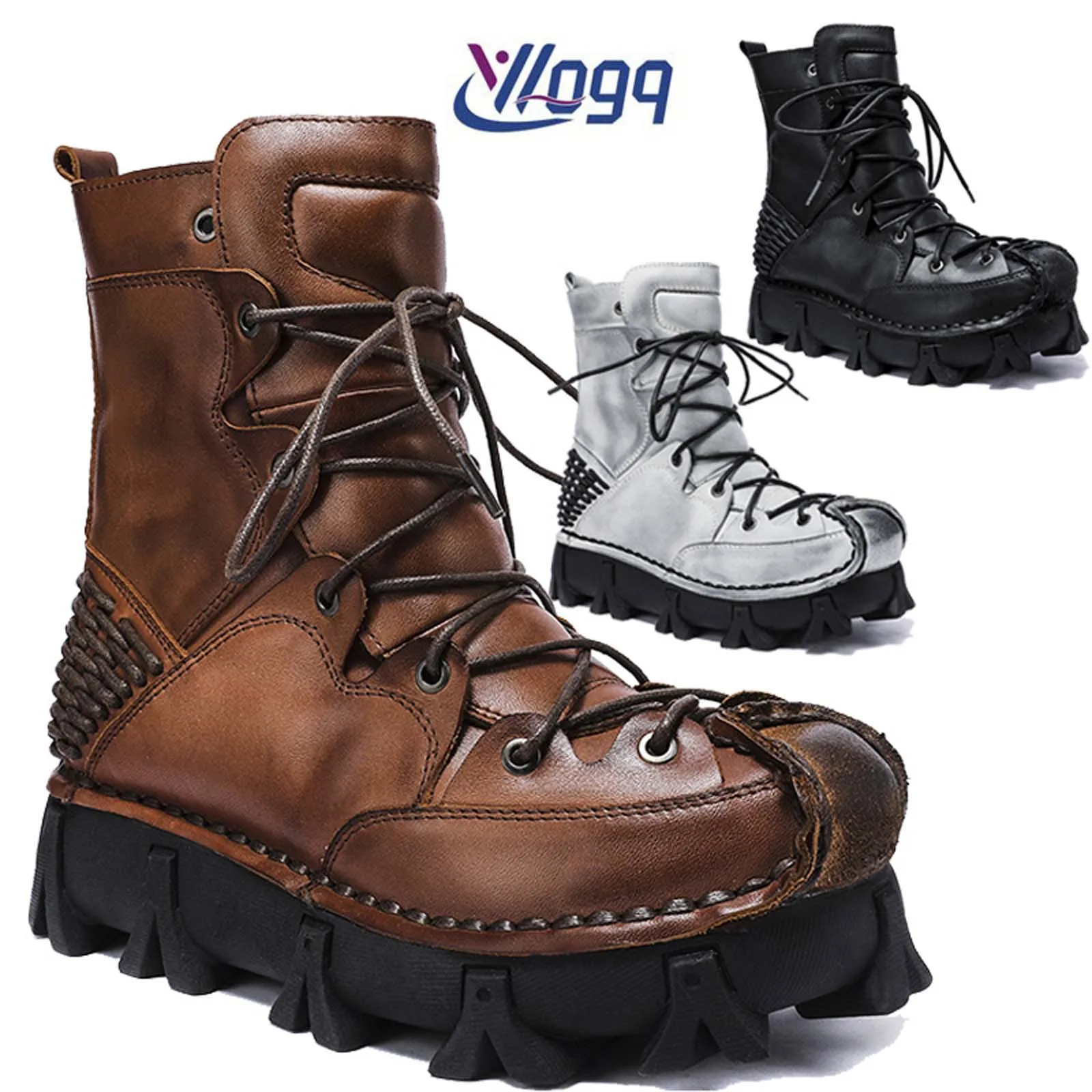 Sewing Knit - Fashion Genuine Leather Motorcycle Boots High-top